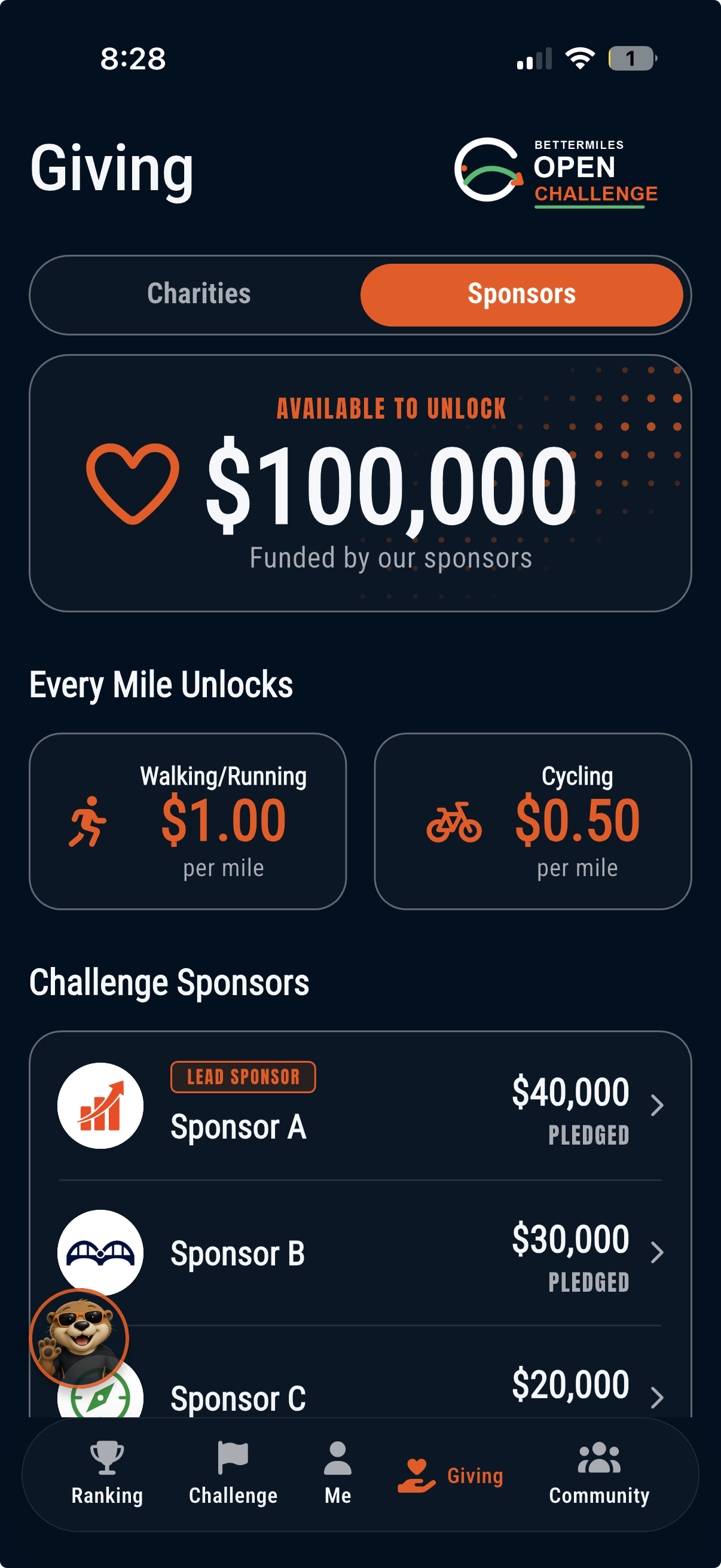 BetterMiles challenge sponsors screen