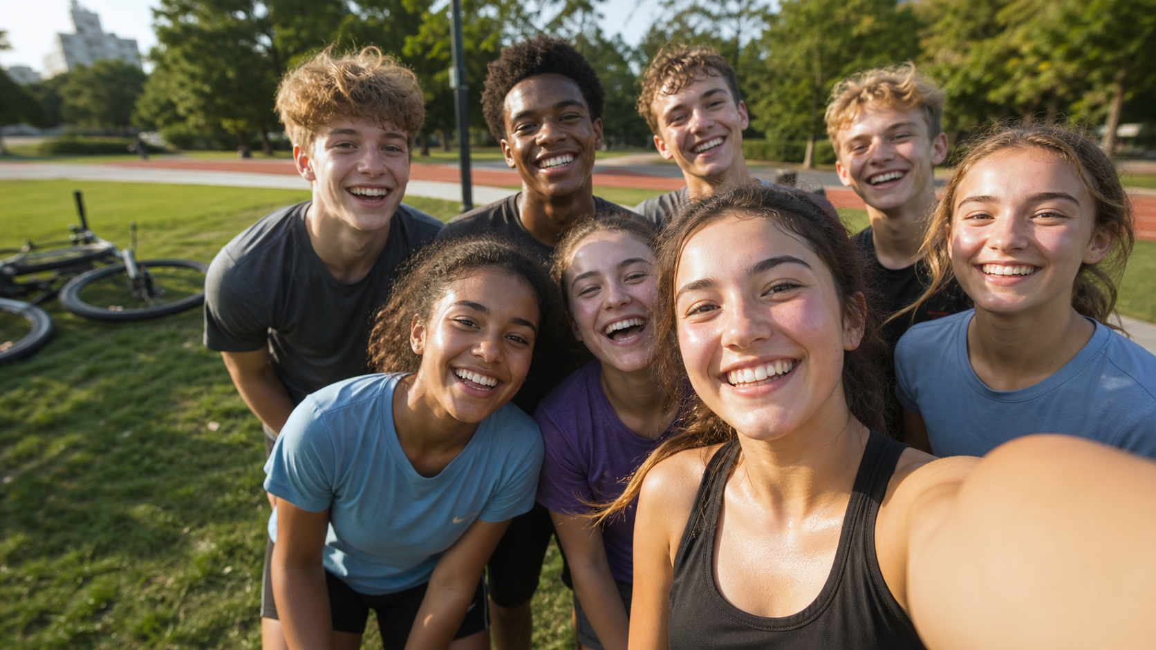 A teenage girl taking a group selfie with friends after exercising